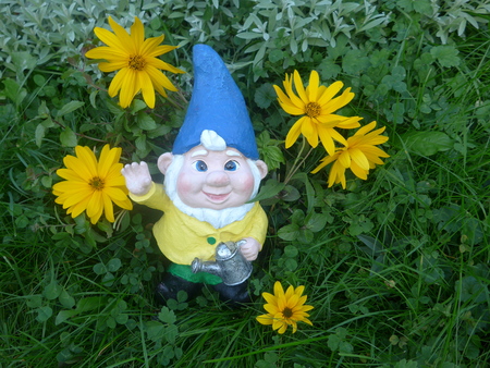 Garden dwarf with watering can in a flower bedの写真素材