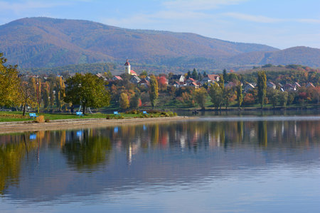 autumn landscape, reflection on the lakeの写真素材