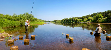 Beautiful river flowing in the countryside on a Sunny summer day. High Bank with beautiful old pine...