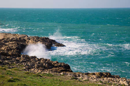 Storm on the coast of Polignano a Mare. The beautiful azure sea. The great wave beating against the shore rocks. Sunlight, clear day. Blue sky without clouds. Green grass on the shore. The seascape.の写真素材
