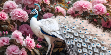 A large beautiful white peacock with a blue crest and feathers in a garden of lush pink roses. AI generativeの素材