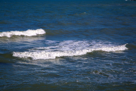 Marine dark blue background with waves with white foam. The surf. Background