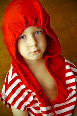 portrait of a boy in a strange hatの写真素材