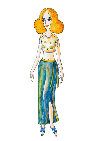 Girl model shows clothes, drawing in watercolorの写真素材