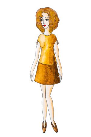 Girl model shows clothes, drawing in watercolorの写真素材