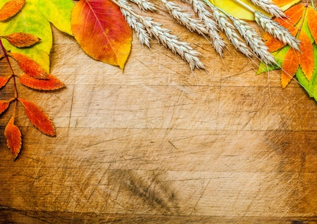 autumn leaves on a wooden surfaceの写真素材