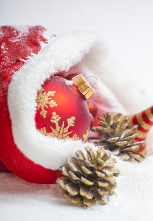 Christmas ball with red bow and ribbonの写真素材