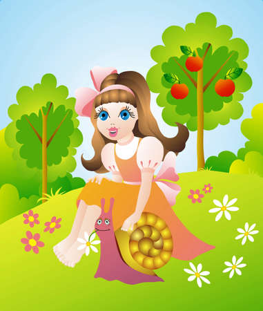 Girl and snail の写真素材