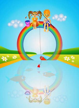 Children on rainbowの写真素材