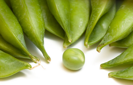 Close-up of one pea against pods isolated on white