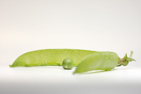 One pea in front of open green pod