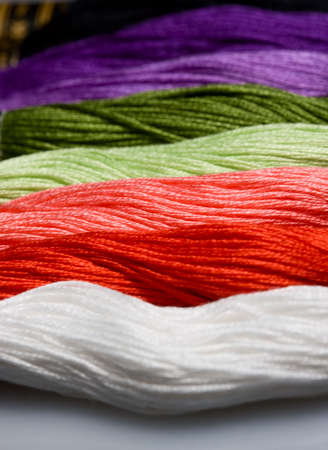 closeup of colour threads hanksの写真素材
