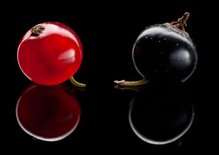 Super macro of red and black currant over reflective backgroundの写真素材