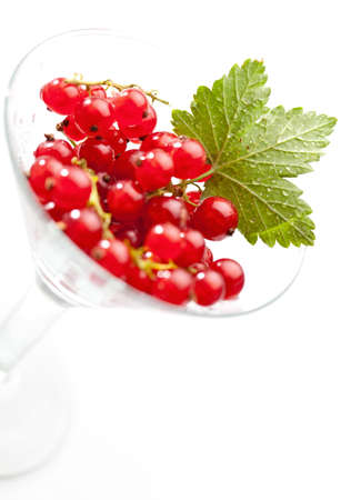 Close-up of red currant in glass isolated on whiteの写真素材