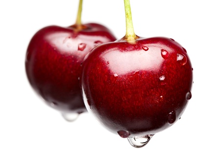 Macro of cherries with water drops isolated on whiteの写真素材