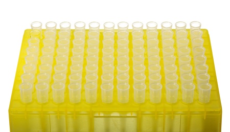 Closeup of laboratory test tubes isolated on whiteの写真素材