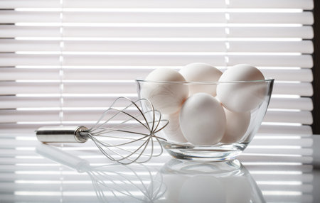 Wire whisk and glass bowl full of raw eggs over white venetian blind backgroundの写真素材