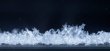 Macro of snowflakes landscape horizontal panorama of snowdrift on window at Christmas night
