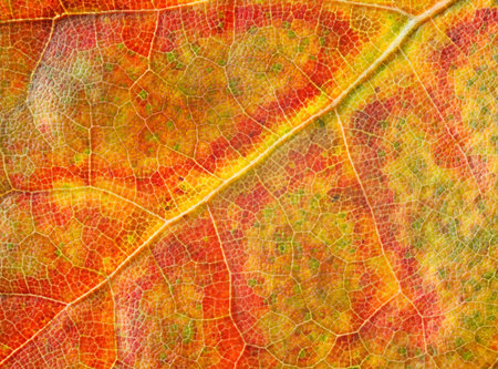 Red, green and yellow vivid colours of autumn abscissed leaf