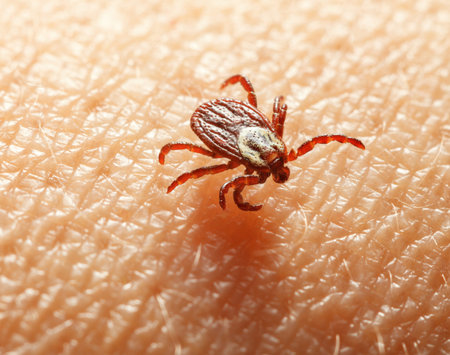 Macro of dangerous disease carrier bloodsucker American Levi tick or dog tick crawling on human skin