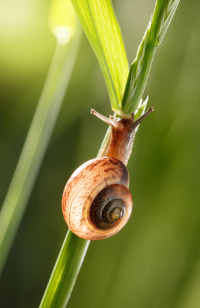 Macro of snail on grass stalk, low point of view over green garden background at sunny dayの写真素材