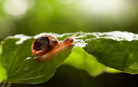 Macro side view of snail crawling on leaf over bright green garden background, horizontalの写真素材
