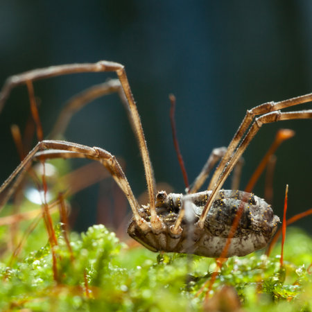 Macro low angle side view of harvestman spider (Phalangium opilio) on forest floorの写真素材