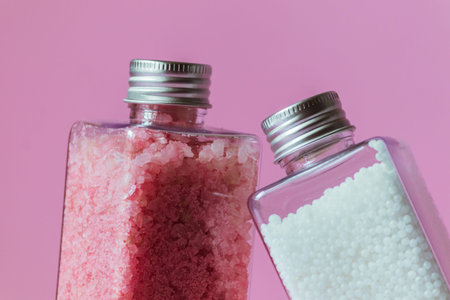 Bathroom accessories in containers close-up on a purple background.の写真素材