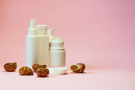 Essential hygiene and body care products in white bottles stand against a pink background next to seashells.の写真素材