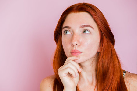 A beautiful red-haired girl with natural beauty looks up and is thinking about something. Red-haired...
