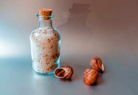 A large container with sea white salt stands against a light kitchen background.の写真素材