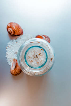 Glass container with sea white salt on a light kitchen background next to spilled salt and shells.の写真素材