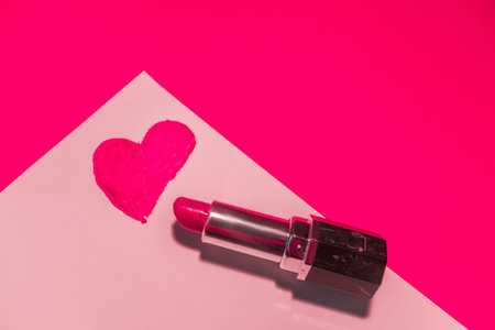 Heart painted with pink lipstick on a white sheet on a pink background. High quality photoの写真素材