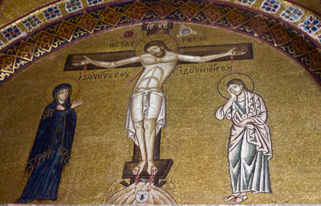 Crucifixion of Jesus, 11th century mosaic, Greece.のeditorial素材