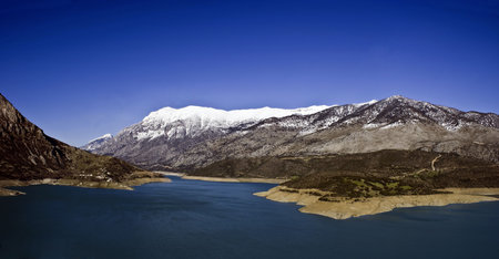 Lake Mornos and Giona mountain, Fokida, Greeceの写真素材