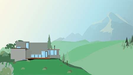 illustration of a house in the mountainsのイラスト素材