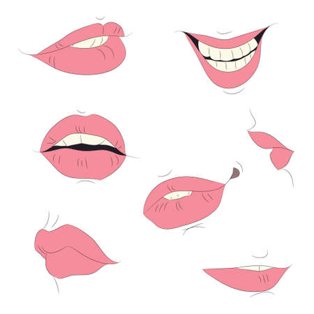 vector illustration of the outline of the lips drawing colored, vector, white background, bright red lipsのイラスト素材