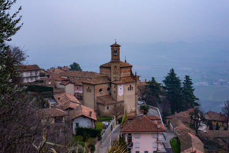 foggy view of the Langhe and Roero from Guarene, Cuneo, Italy