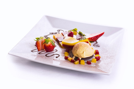 vanilla ice cream with raspberries and strawberriesの写真素材