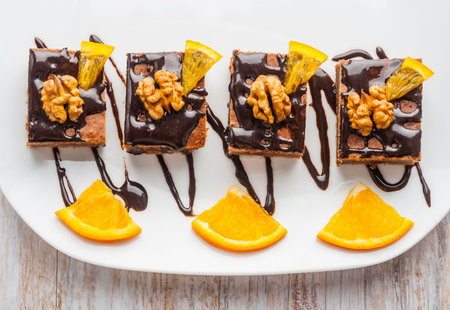 Chocolate Cake with Walnuts and orange. studio shotの写真素材