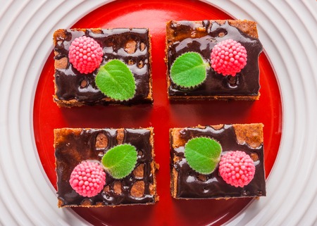 chocolate cake with raspberries and mint. studio shotの写真素材