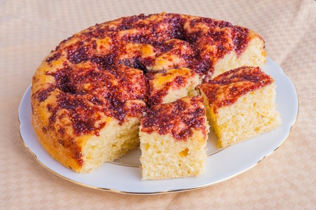 Fresh yeast cake witch raspberies jam. studio shotの写真素材