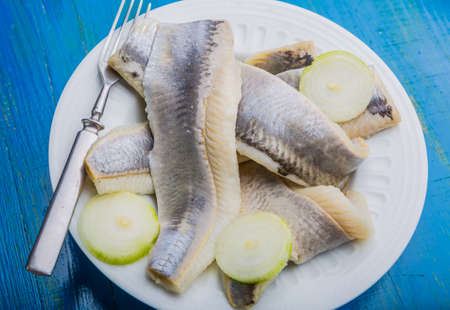 Herring with fresh onions on a white plate. studio shotの写真素材