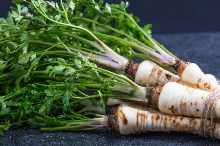 fresh Parsley with root on gark table. studio shotの写真素材
