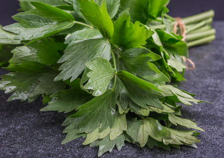 Bunch of fresh lovage leaves on a black table. studio shotの写真素材