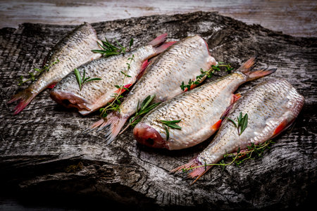 Fresh roach with fresh herbs on the board