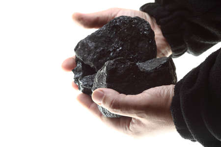 Pieces of coal in hand isolated on white backgroundの写真素材