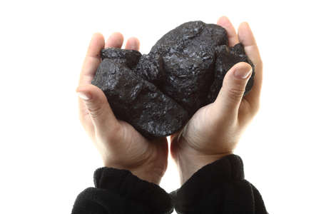 Pieces of coal in hand isolated on white backgroundの写真素材