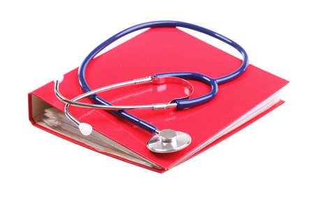Blue stethoscope healthcare, instrument, isolated on white, red file folder, binderの写真素材