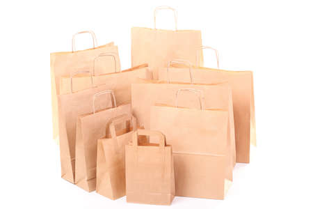 Shopping brown recycle gift bags isolated on white backgroundの写真素材
